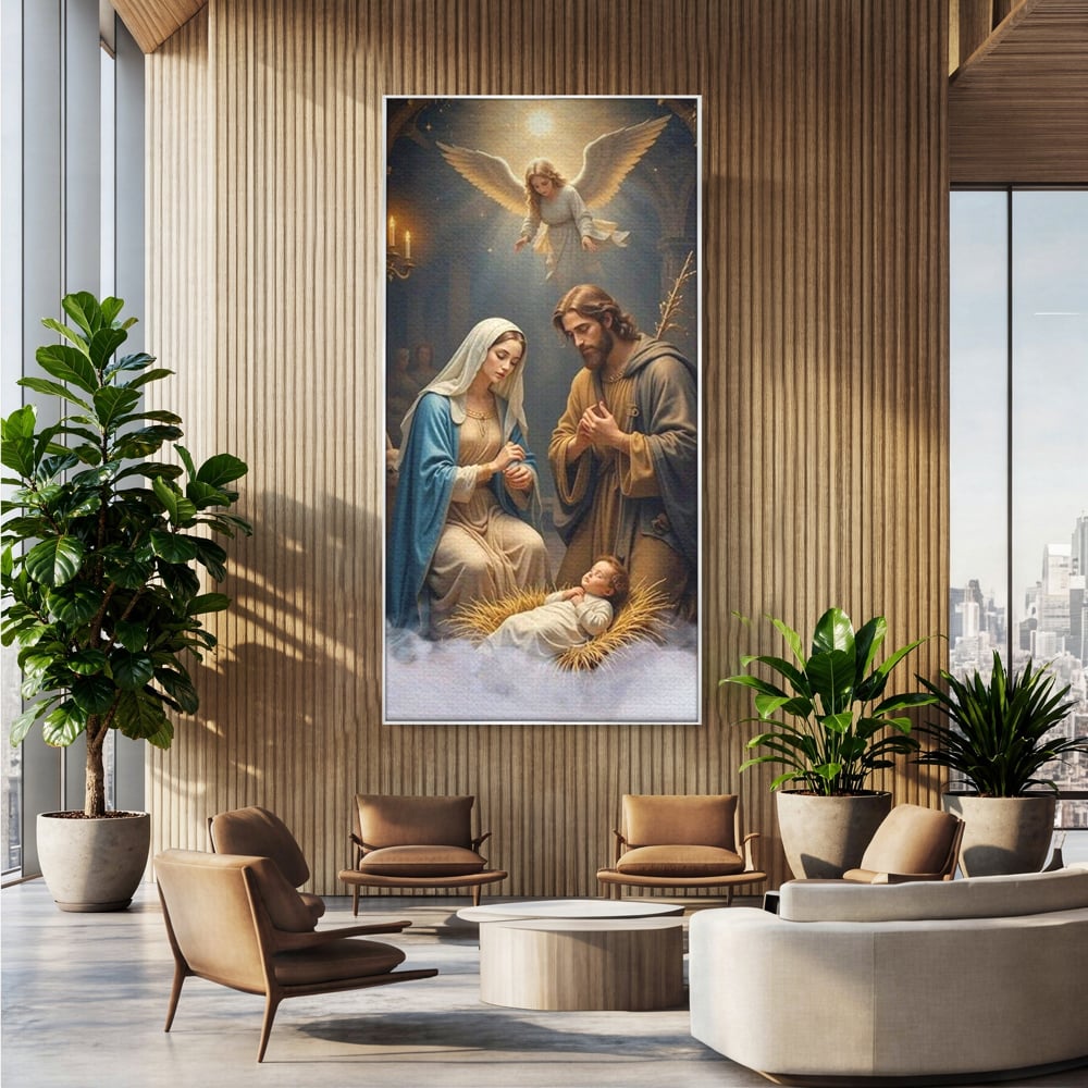 Tablou canvas cu tablou canvas cu sfanta familie si inger, in rama de aluminiu argintiu, pe perete intr-un birou
